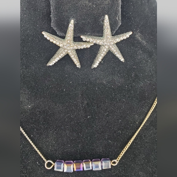 Silvertone Starfish Earrings and Deep Blue Silvetone Necklace Set - Picture 2 of 7
